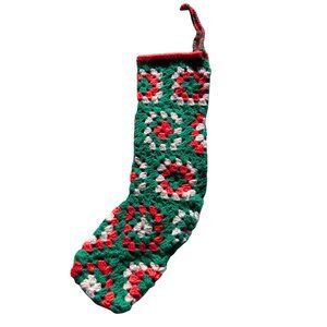 Crocheted Granny Square Red Green Off-White Christmas Stocking Handcrafted 18"